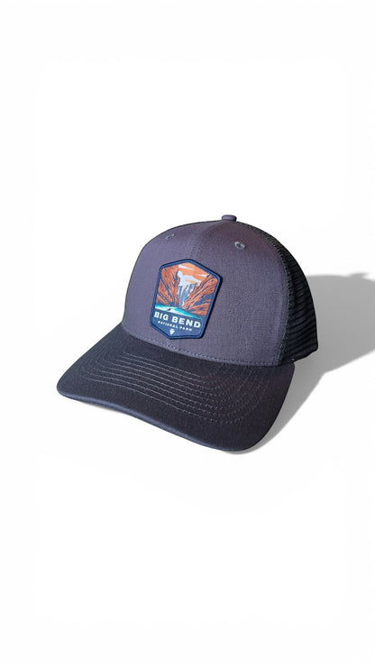 Moove Headwear Big Bend National Park trucker hat, heather grey front, black mesh back, adjustable snapback.