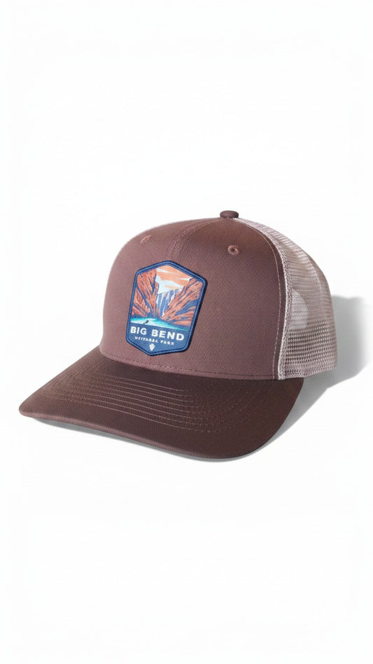 Moove Headwear Big Bend National Park trucker hat with a woven patch, heather grey front, and black mesh back.