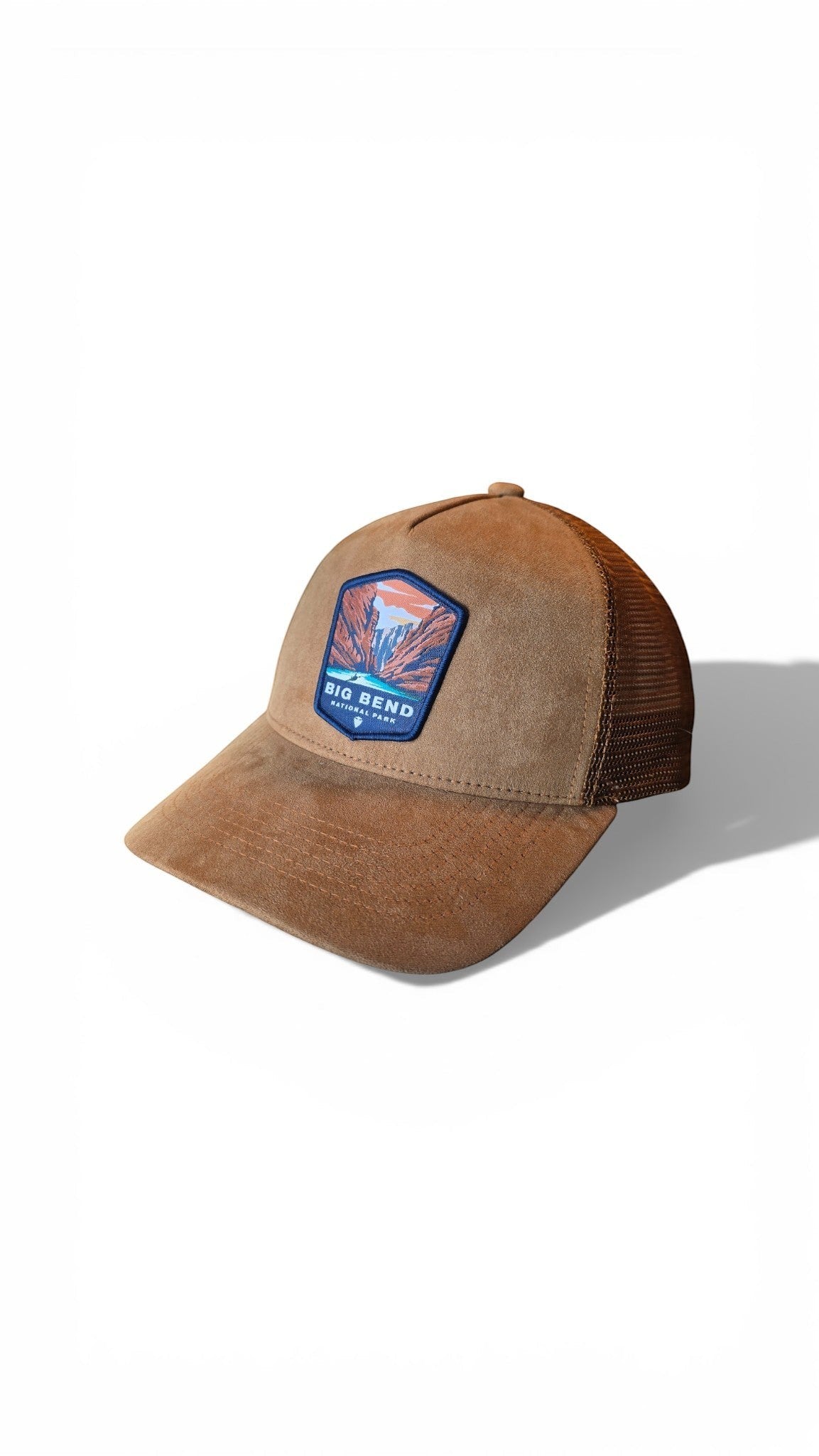 Moove Headwear brown suede trucker hat with Big Bend National Park patch and mesh back.