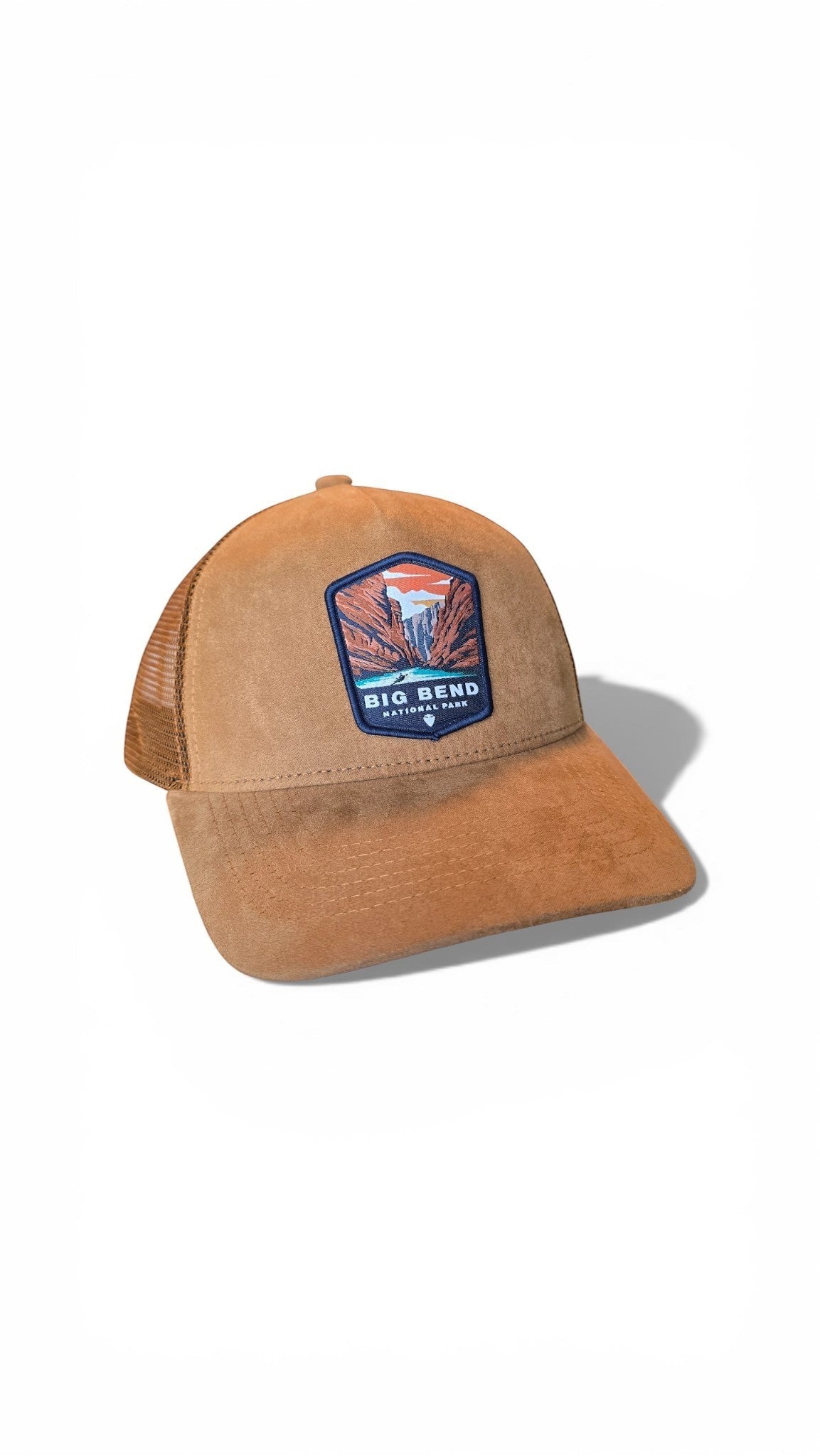 Moove Headwear Big Bend National Park trucker hat in tan suede with mesh back and embroidered patch.