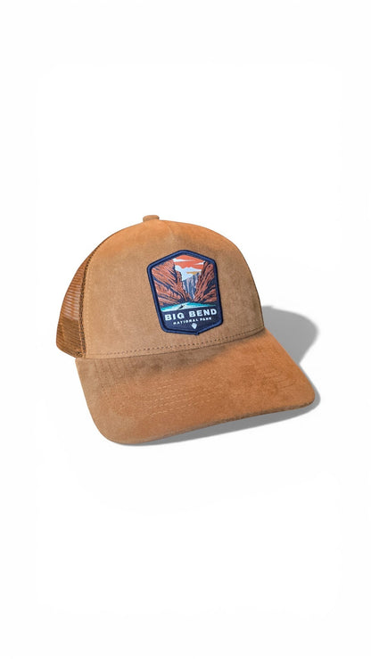 Moove Headwear Big Bend National Park trucker hat in tan suede with mesh back and embroidered patch.