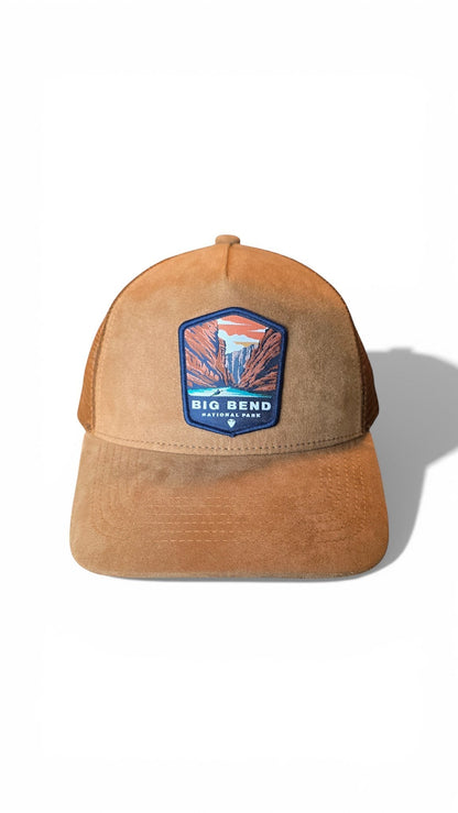 Moove Headwear Big Bend National Park trucker hat in tan suede with mesh back and embroidered patch.