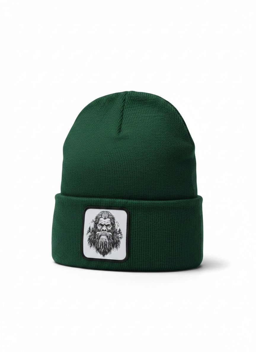 Moove Headwear dark green acrylic knit beanie with a Bigfoot patch. One size fits all.