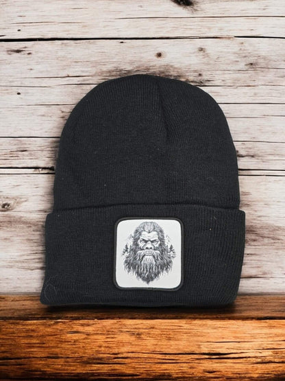 Moove Headwear black acrylic knit beanie with a Bigfoot graphic patch. One size fits all.