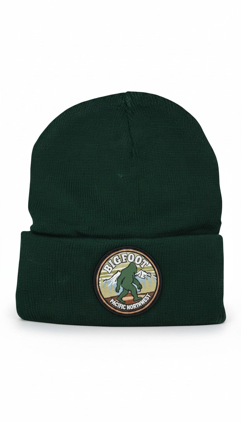 Moove Headwear forest green acrylic knit beanie with Bigfoot Pacific Northwest patch
