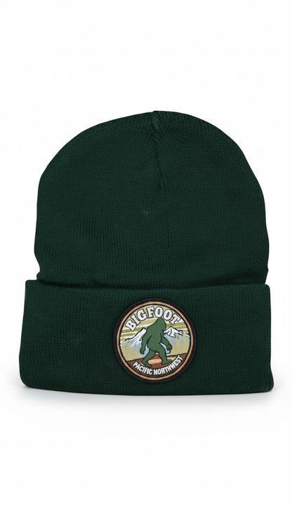 Moove Headwear forest green acrylic knit beanie with Bigfoot Pacific Northwest patch