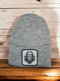 Moove Headwear grey acrylic knit beanie with a Bigfoot Sasquatch patch on the front. One size fits all.
