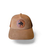 Moove Headwear tan suede 5-panel trucker hat with breathable mesh back and Bigfoot leather patch.