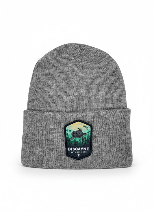 Moove Headwear grey knit beanie with Biscayne National Park patch featuring a sea turtle and diver.