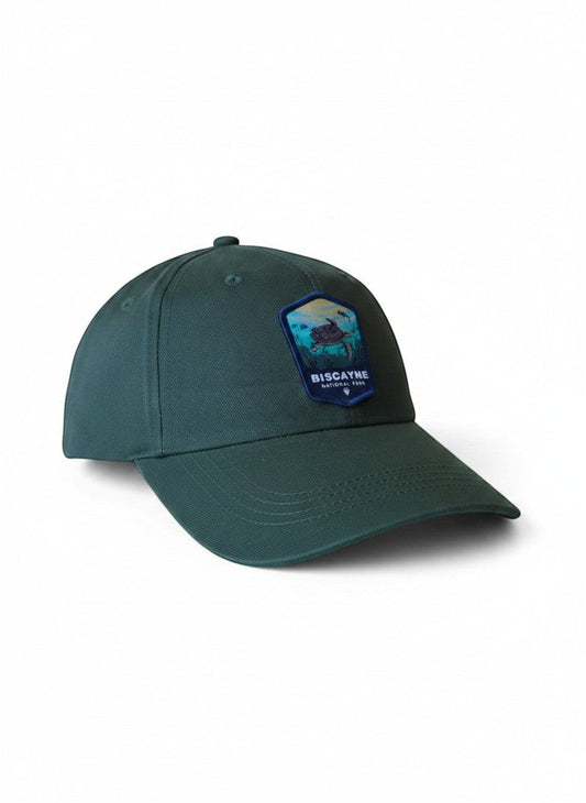 Moove Headwear dark green dad hat with Biscayne National Park embroidered patch featuring a sea turtle and coral.