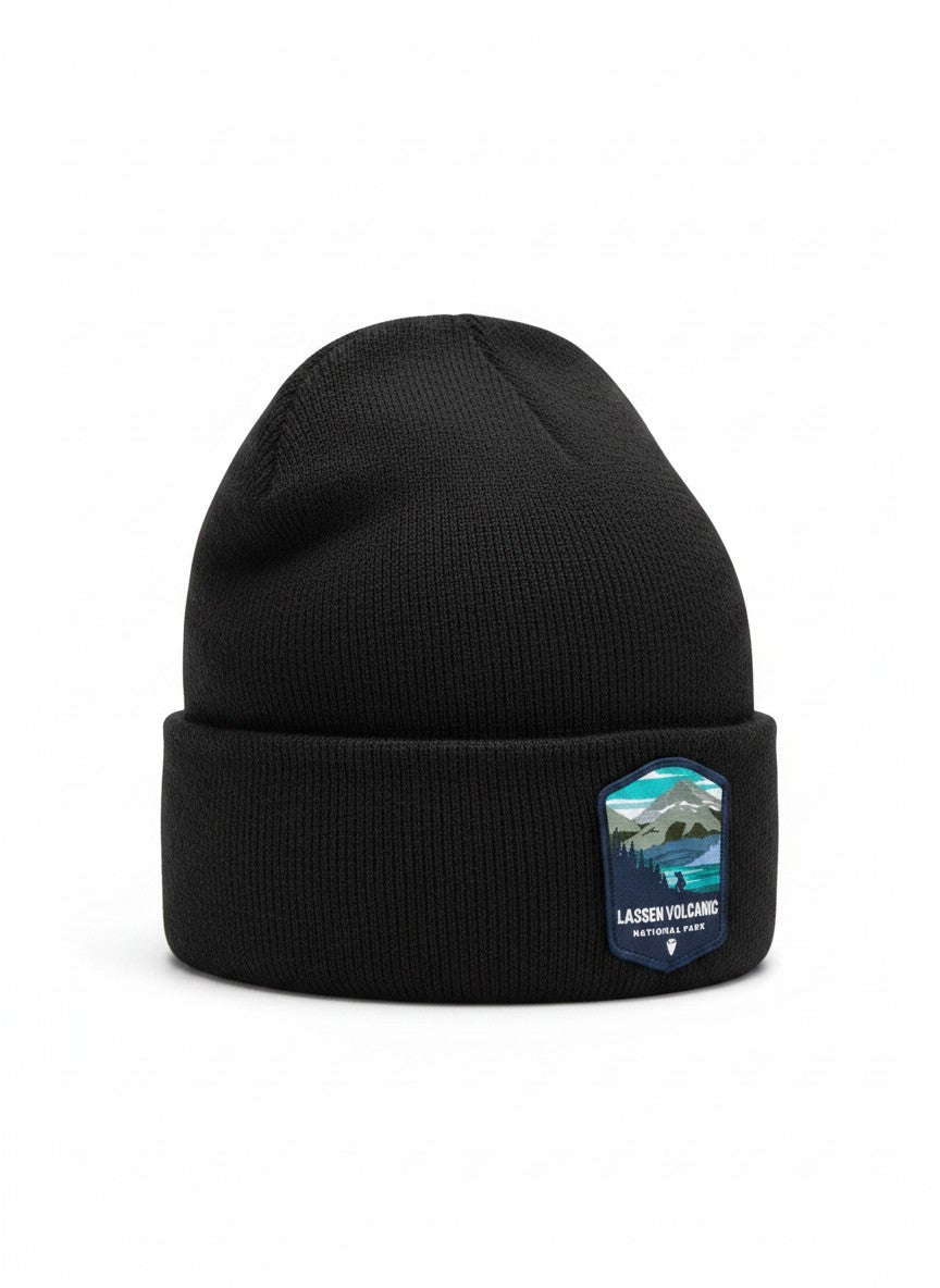 Moove Headwear black acrylic rib-knit beanie with Lassen Volcanic National Park embroidered patch.