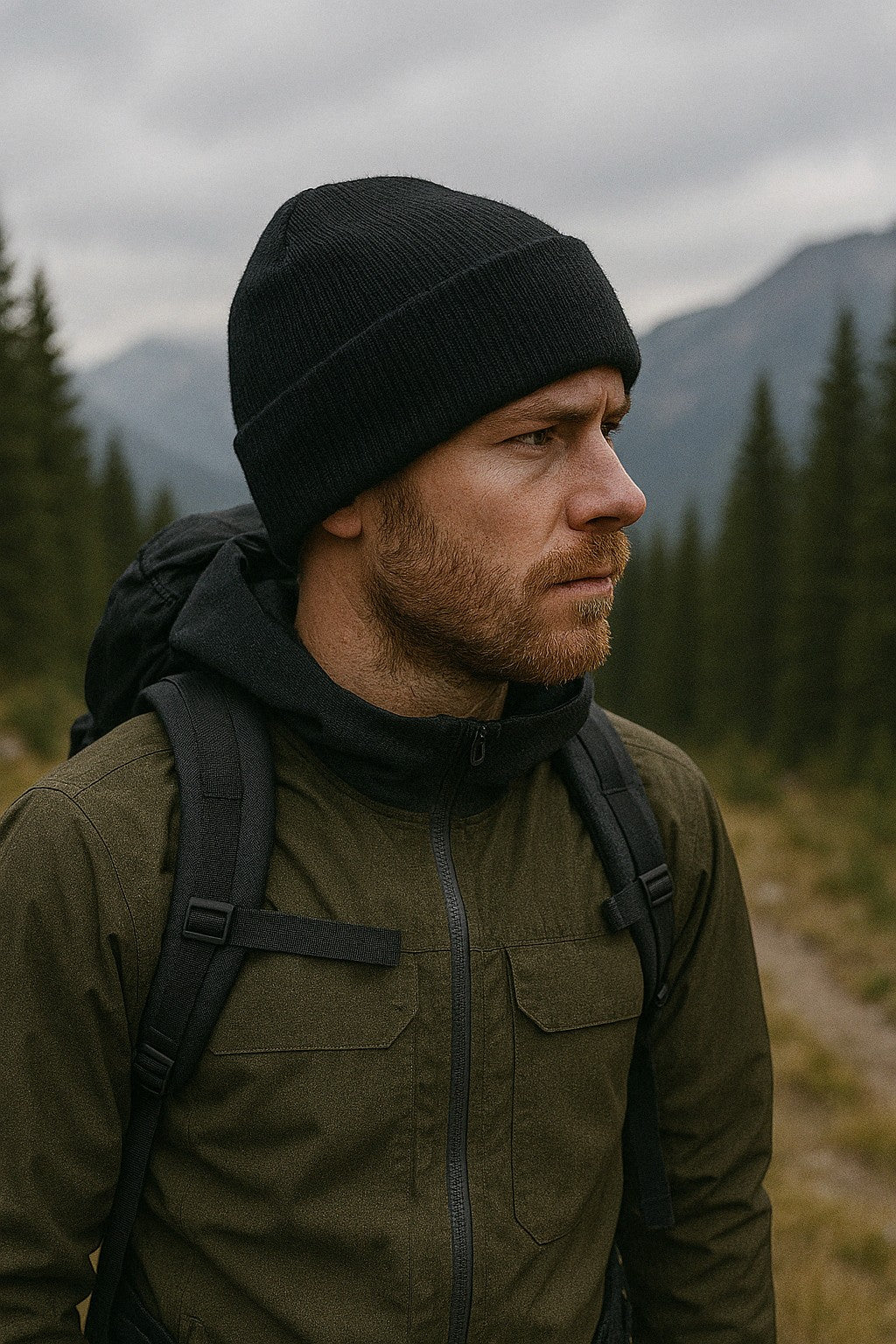 Moove Headwear black cuffed knit beanie worn by a man in a mountain forest setting for outdoor hiking