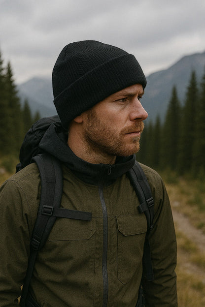 Moove Headwear black cuffed knit beanie worn by a man in a mountain forest setting for outdoor hiking