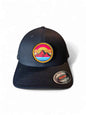 Moove Headwear black fitted hat with retro sunset mountain patch. Features embroidered design with 80s rainbow stripes.