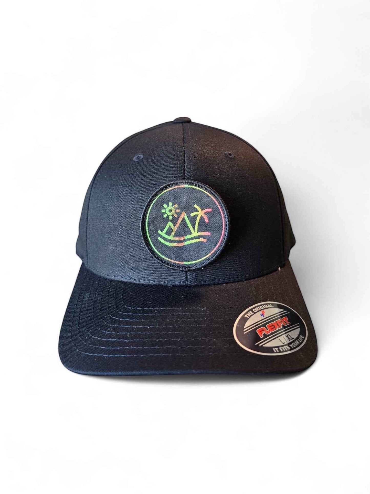 Moove Headwear black fitted hat with tropical palm tree sunset patch. Features Flexfit technology.