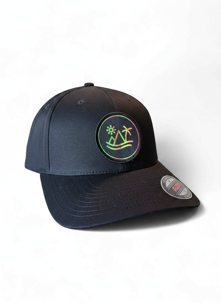 Moove Headwear black fitted hat with tropical palm tree sunset patch and Flexfit technology.