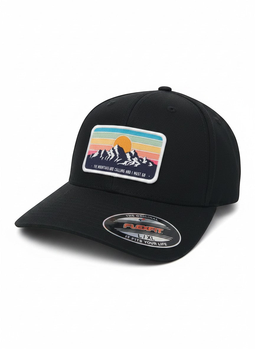 Moove Headwear black Flexfit baseball cap with vintage mountain sunset patch. Outdoor hiking cap.