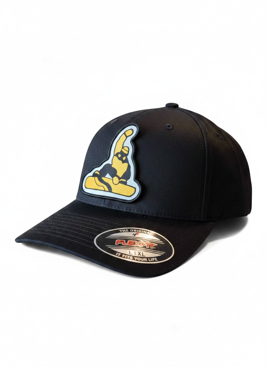 Moove Headwear black fitted Flexfit cap with a yellow and blue snowboarder patch.