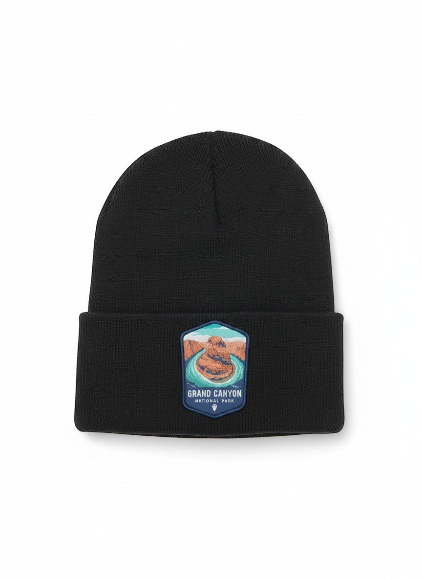 Moove Headwear black rib-knit beanie featuring a colorful embroidered Grand Canyon National Park patch on the cuff.