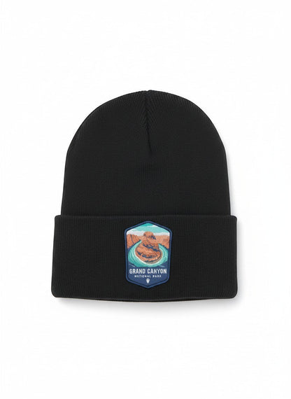 Moove Headwear black rib-knit beanie featuring a colorful embroidered Grand Canyon National Park patch on the cuff.