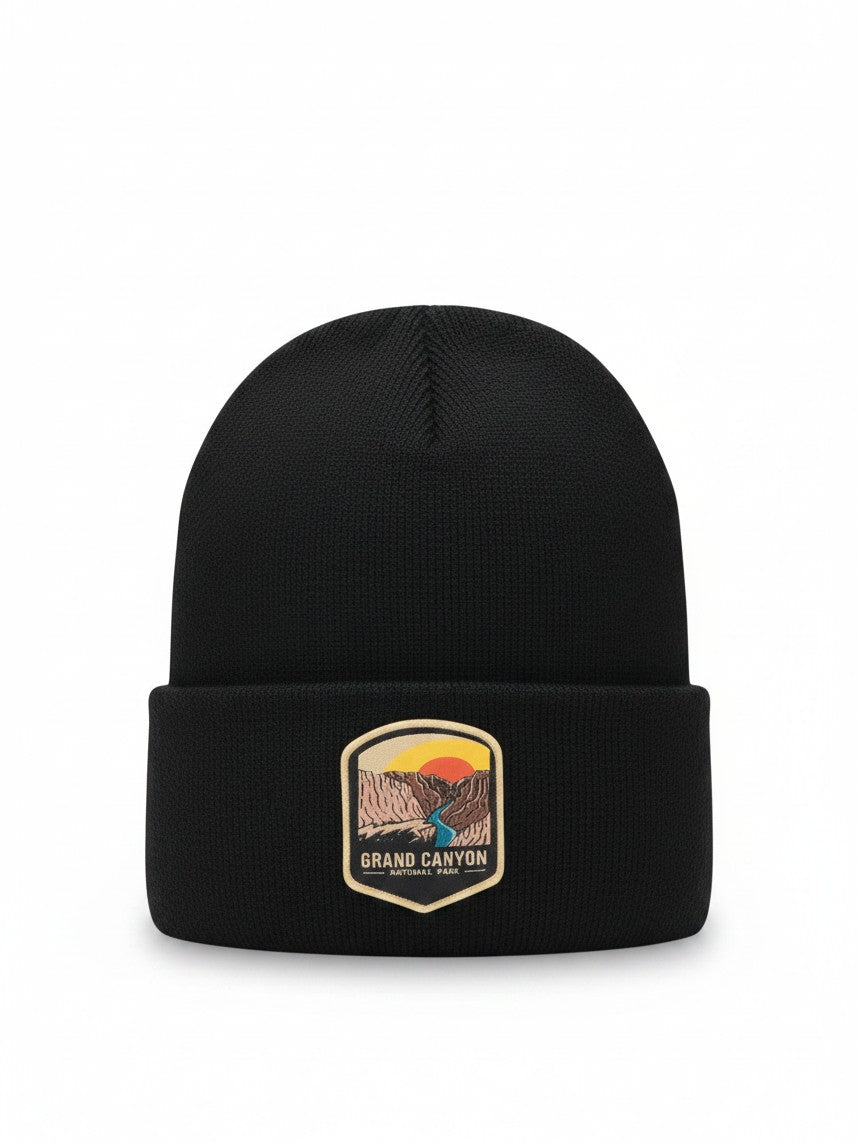 Moove Headwear black knit beanie featuring a Grand Canyon National Park patch with a sunset landscape design.