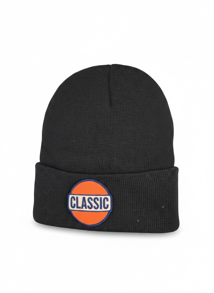 Moove Headwear black knit beanie with fold-over cuff and retro "CLASSIC" gas patch