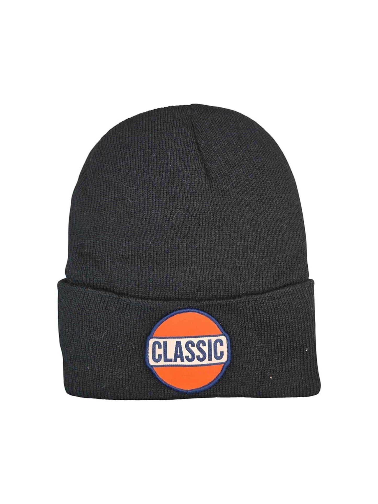 Moove Headwear black knit beanie with fold-over cuff and retro "CLASSIC" gas patch.