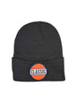 Moove Headwear black knit beanie with fold-over cuff and retro "CLASSIC" gas patch.