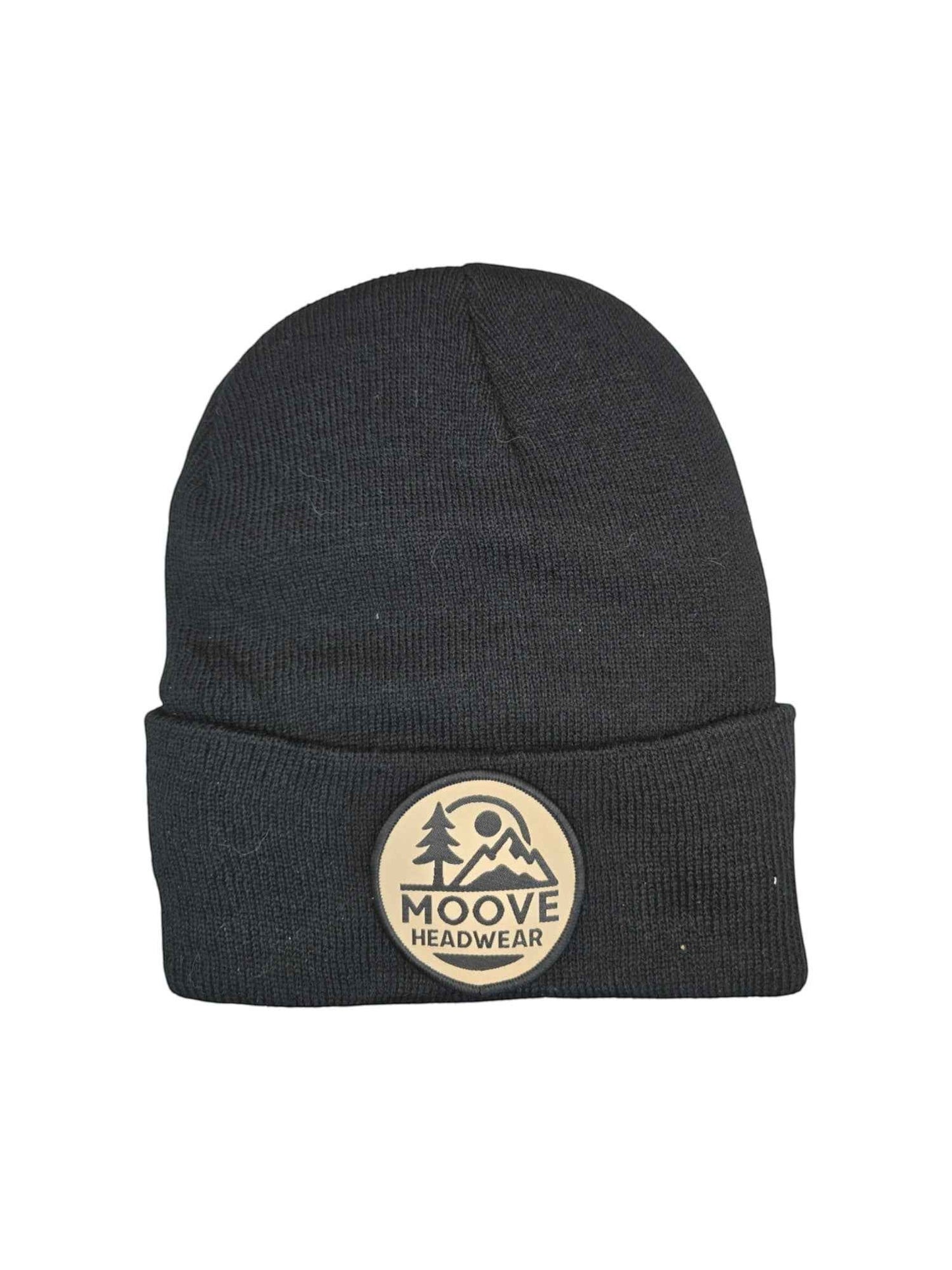 Moove Headwear black knit beanie with fold-over cuff and circular logo patch featuring mountains and trees.