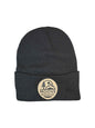 Moove Headwear black knit beanie with fold-over cuff and circular logo patch featuring mountains and trees.