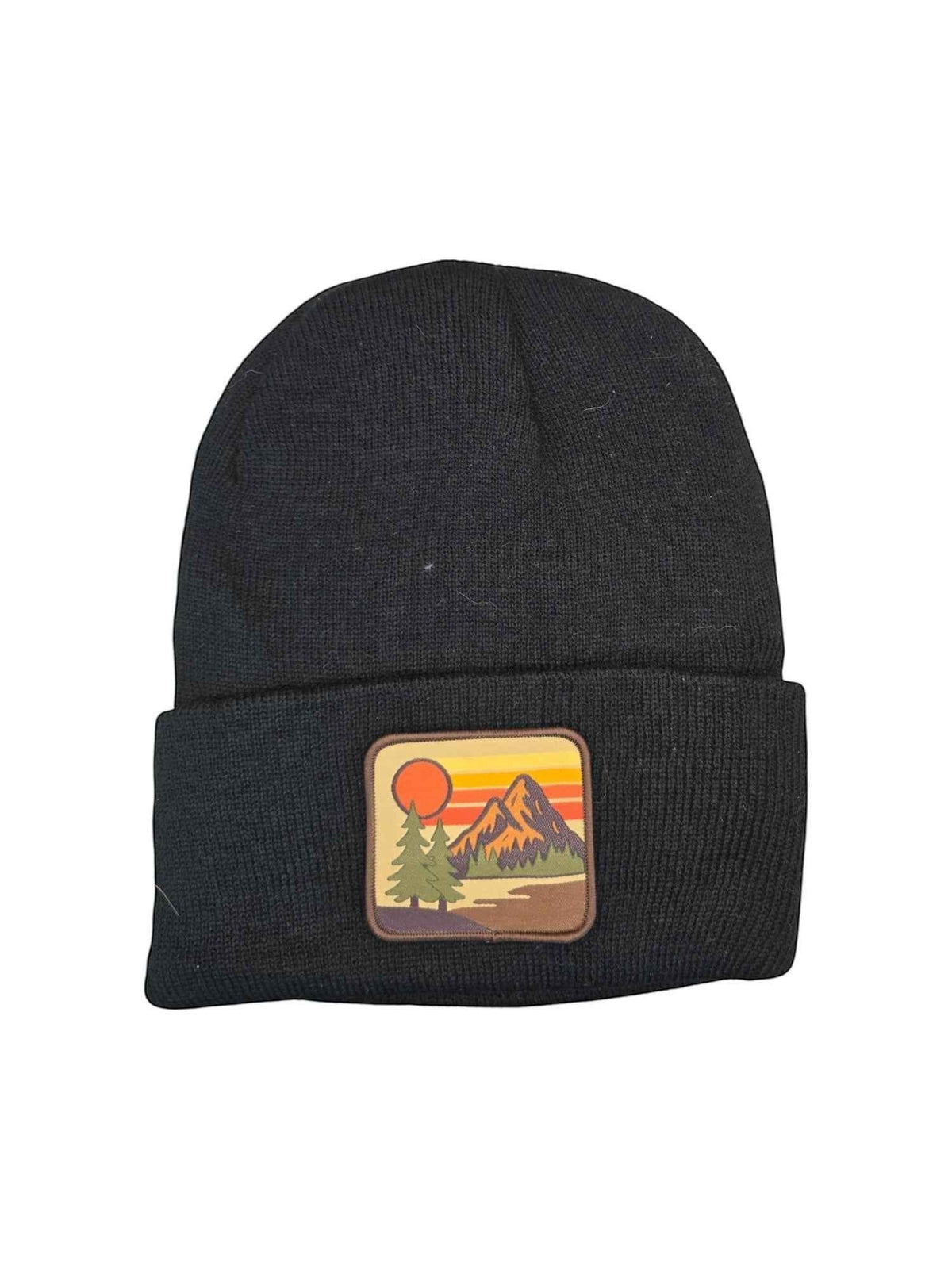 Moove Headwear black knit cuffed beanie with vintage mountain sunset patch. Unisex fit.