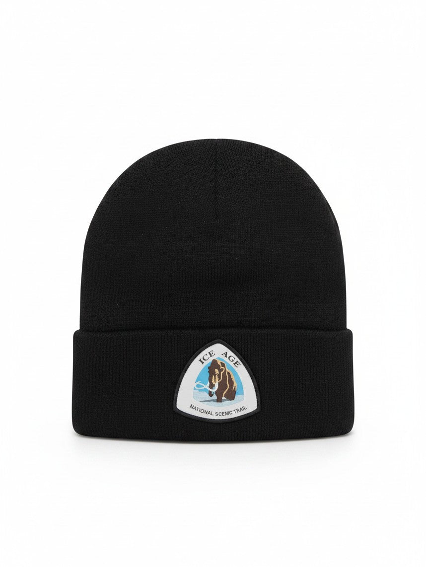 Moove Headwear black knit beanie featuring an Ice Age National Scenic Trail patch with a woolly mammoth graphic.