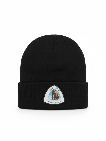 Moove Headwear black knit beanie featuring an Ice Age National Scenic Trail patch with a woolly mammoth graphic.