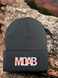 Moove Headwear black acrylic knit beanie with colorful "MOAB" patch. One size fits all.