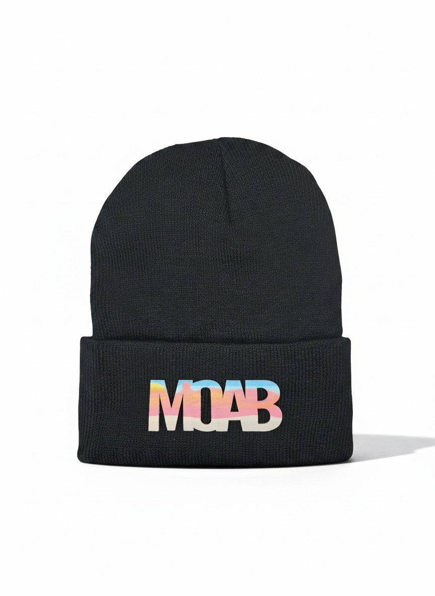Moove Headwear black acrylic knit beanie with a colorful "MOAB" patch, perfect for outdoor adventures.