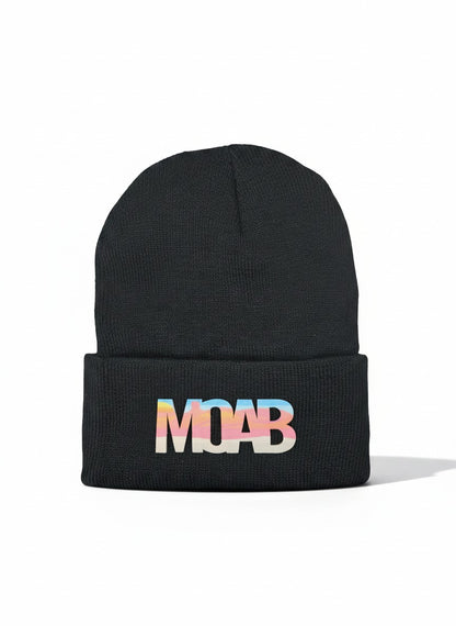 Moove Headwear black acrylic knit beanie with a colorful "MOAB" patch, perfect for outdoor adventures.