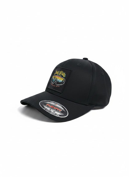 Moove Headwear black fitted baseball cap with "Just Ride" graphic patch, designed for mountain biking.