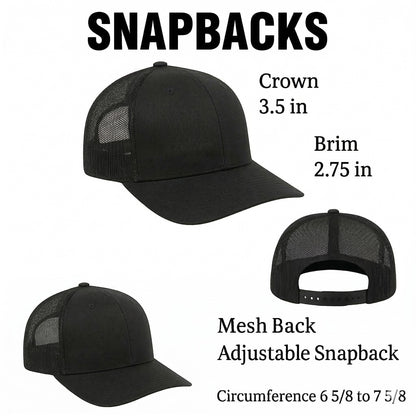 Moove Headwear black trucker hat with mesh back and adjustable snapback closure. Ideal for hiking.