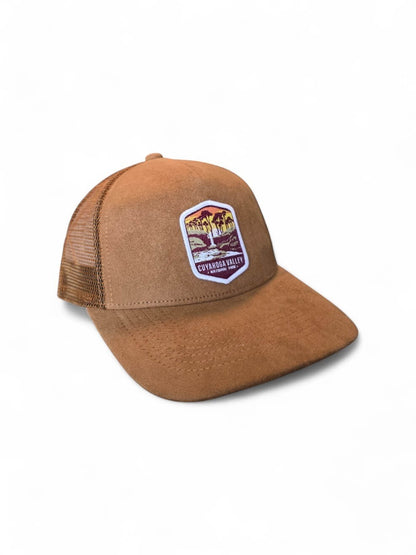 Moove Headwear brown suede baseball cap with mesh back and Cuyahoga Valley National Park patch