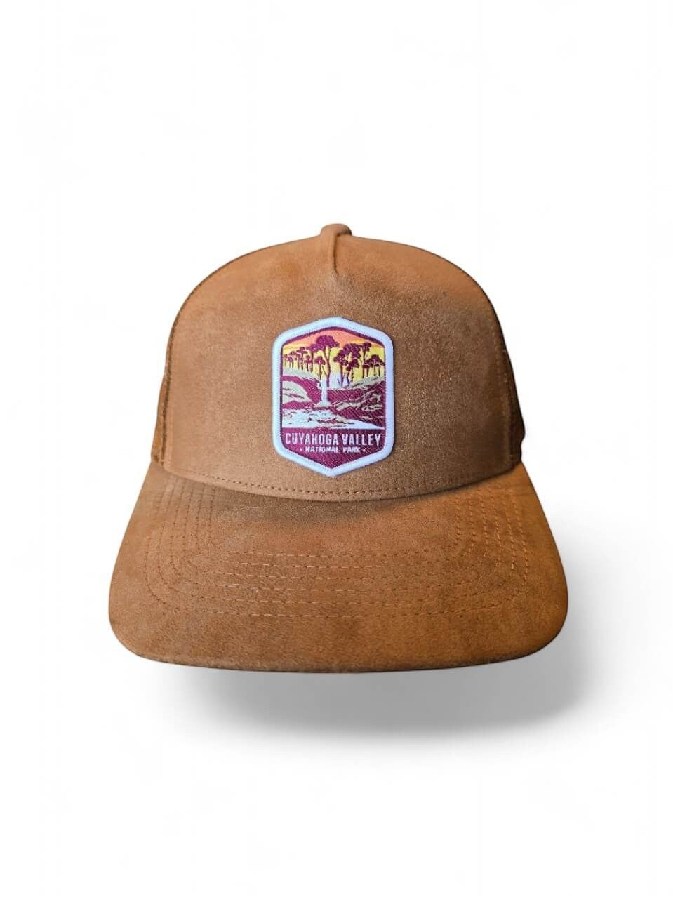 Moove Headwear brown suede baseball cap with Cuyahoga Valley National Park patch and breathable mesh panels.