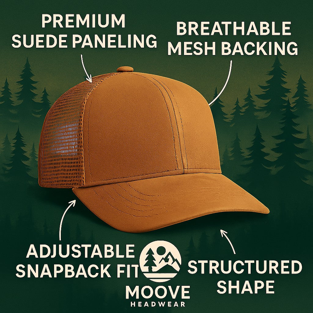 Moove Headwear brown suede baseball cap with breathable mesh backing and adjustable snapback fit.