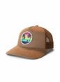 Moove Headwear brown suede trucker hat with mesh back and a circular patch featuring a rainbow sunset over palm trees and a surfboard.