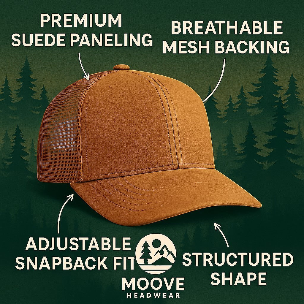 Moove Headwear brown suede trucker hat with mesh backing, adjustable snapback, and structured shape. Ideal for hiking and camping.