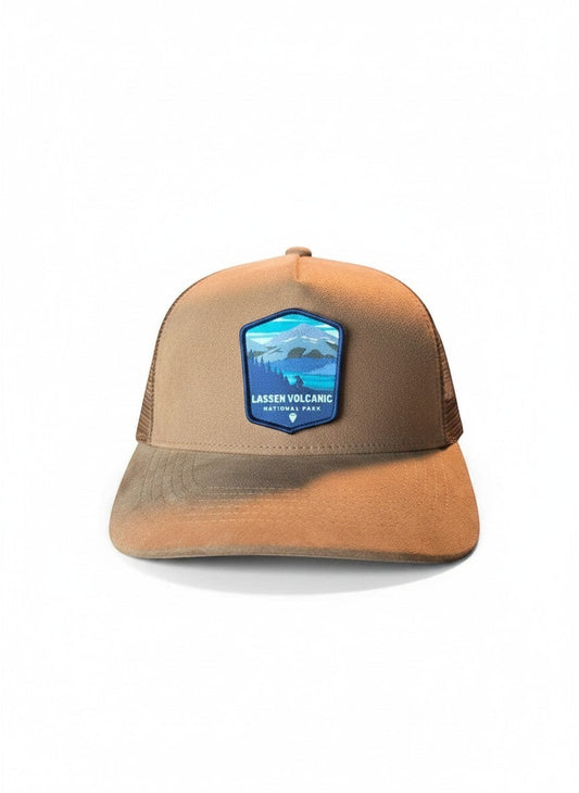 Moove Headwear brown suede trucker hat with mesh back and Lassen Volcanic National Park patch. Ideal for hiking and camping.