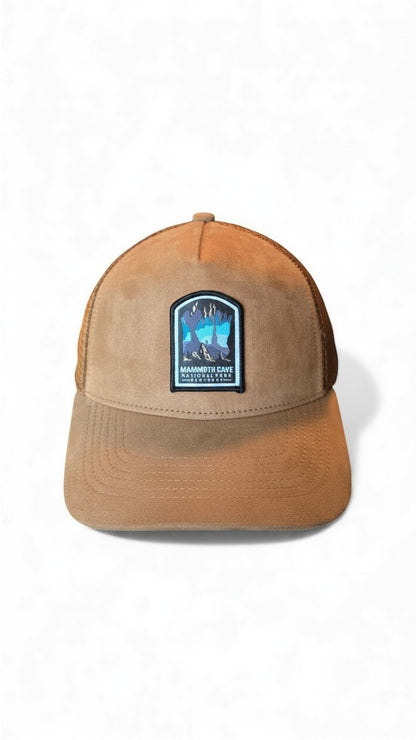 Moove Headwear brown suede trucker hat with mesh back and Mammoth Cave National Park patch. Adjustable snapback.