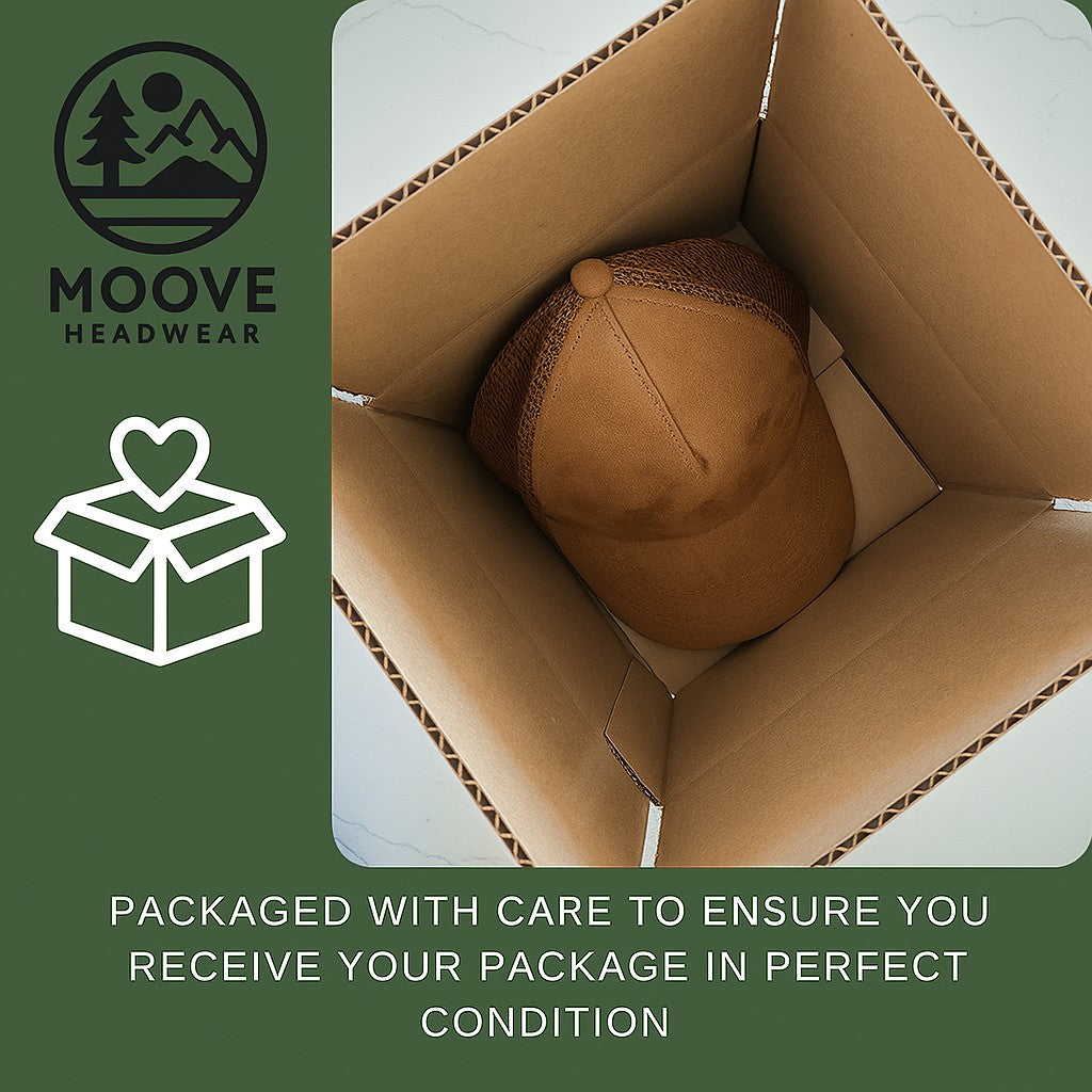 Moove Headwear brown suede trucker hat with breathable mesh back and adjustable snapback closure.