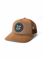 Moove Headwear brown suede trucker hat with breathable mesh back and circular patch featuring a sunset over mountains and palm trees.