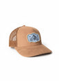 Moove Headwear brown suede trucker hat with mesh back and motorcycle patch. Adjustable snapback for a custom fit.