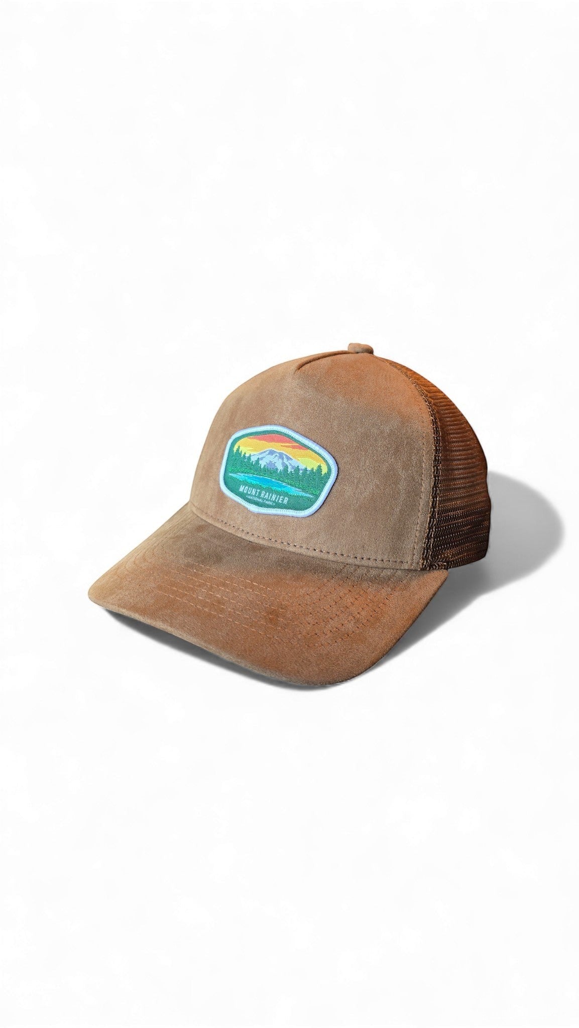 Moove Headwear brown suede trucker hat with mesh back and Mount Rainier patch. Adjustable fit, ideal for hiking.