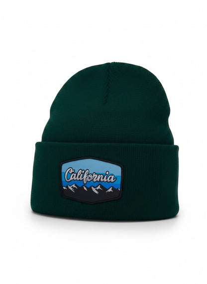 Moove Headwear dark green acrylic rib-knit beanie with embroidered California mountain patch.